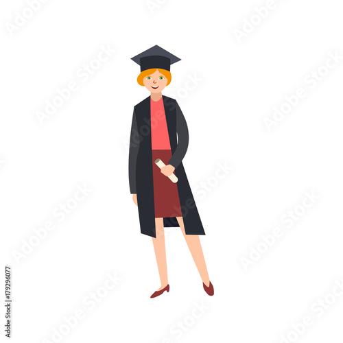 vector flat female college, university happy graduate character, red-haired girl in graduation gown, cap holding diploma smiling. Isolated illustration on a white background.