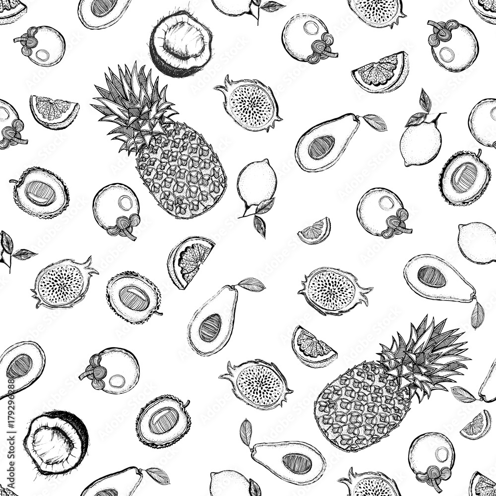 Fototapeta premium Seamless pattern of hand drawn sketch style tropical fruits. Vector illustration.