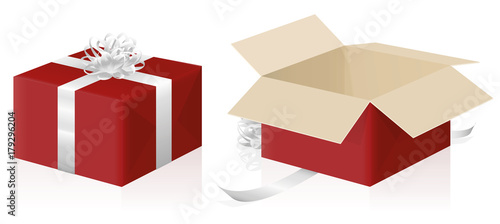 Gift package, wrapped and unwrapped red parcel, closed and opened present carton box - 3d isolated vector illustration on white background.