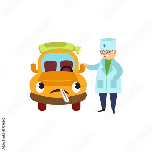 Funny old doctor and sad car character having flu, standing with cold pack and thermometer, cartoon vector illustration isolated on white background. Cartoon doctor and car character having flu, fever
