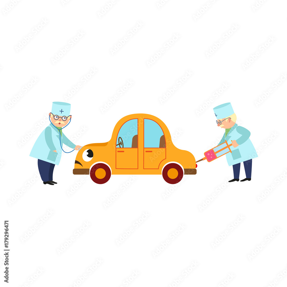 vector flat doctor mechanic, grey-haired man in medical clothing holding stethoscope going to treat smiling yellow car character testing lungs, another doctor making injection. Isolated illustration