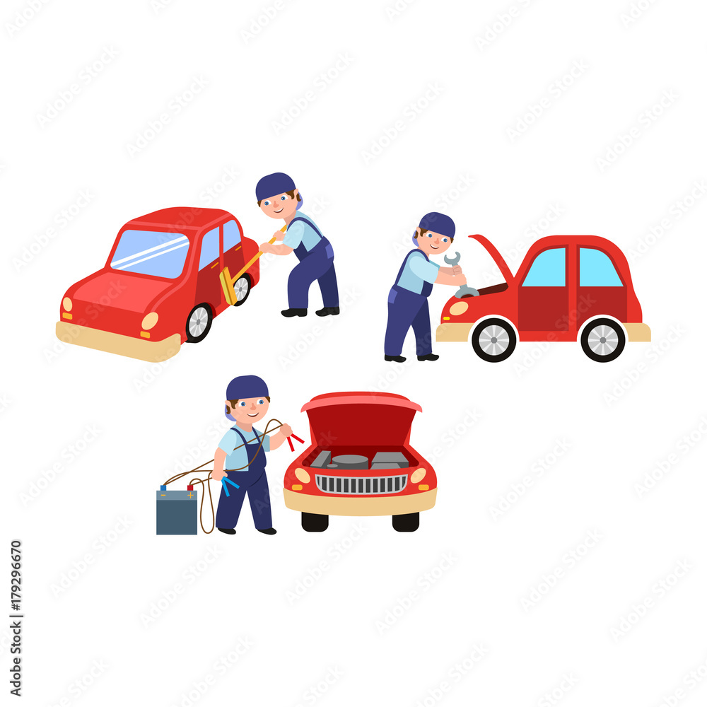 Auto mechanic cleaning, fixing and jump starting a car in repair and maintenance workshop, cartoon vector illustration isolated on white background. Auto mechanic repairing, washing, starting a car Stock Vector | Adobe Auto mechanic cleaning, fixing and jump starting a car in repair and maintenance workshop, cartoon vector illustration isolated on white background. Auto mechanic repairing, washing, starting a car Stock Vector | Adobe