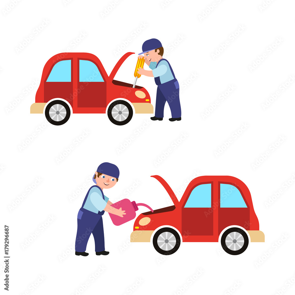 Auto mechanic fixing car engine, pouring oil from can, repair and maintenance workshop concept, cartoon vector illustration isolated on white background. Auto mechanic fixing and oiling a car