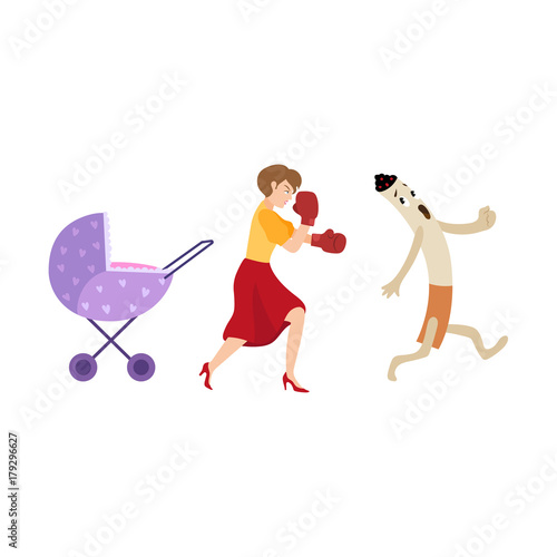 Woman protecting her baby in carriage from smoking and giant cigarette running away, cartoon vector illustration isolated on white background. Mom fighting cigarette smoking to protect her baby