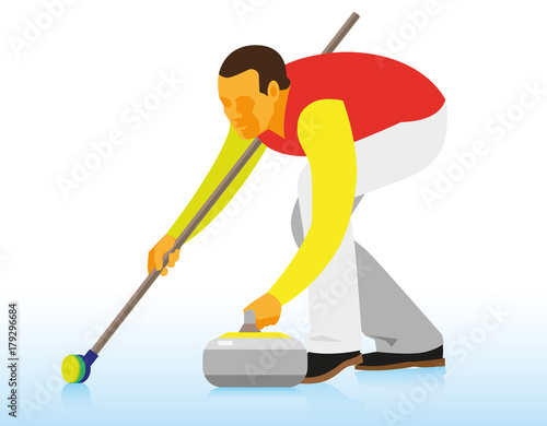 Young tall man athlete is a player in curling, which makes a stone throw