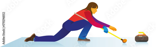 Young woman the player in curling watches an sliding heavy disk of stone