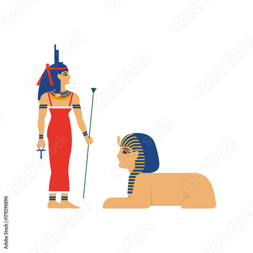 vector flat Isis goddes - ancient egypt god with throne on her hand and sphinx with head of woman and lion body. Mother of all egypt pharaohs. isolated illustration on a white background.