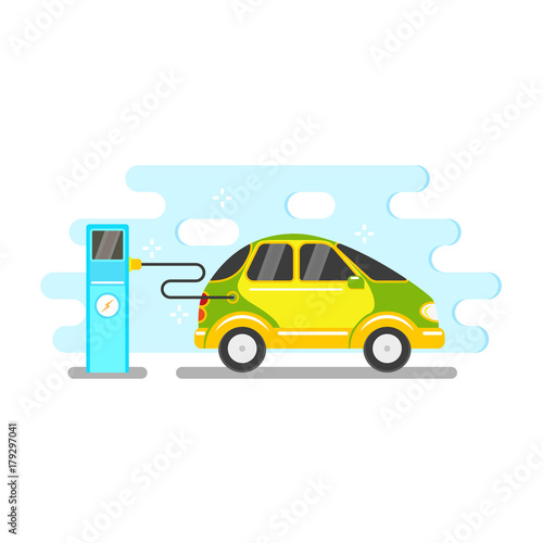 vector flat electric car charging at charging station. Alternative energy consuming yellow vehicle icon. Isolated illustration on a white blue abstract background.