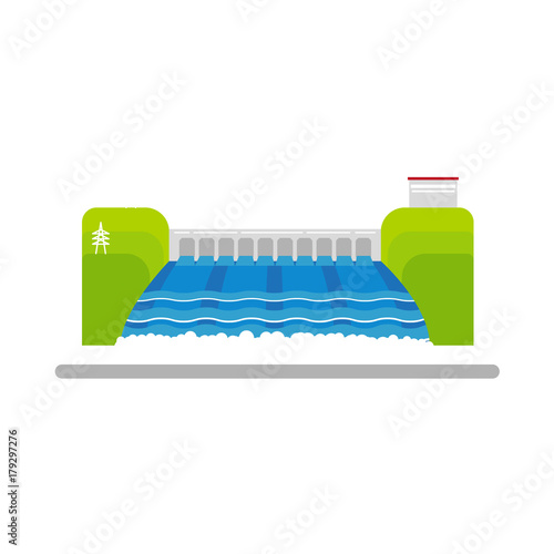 vector flat hydroelectric power station or water dam generating eco environmental friendly green alternative energy icon. isolated illustration on a white background