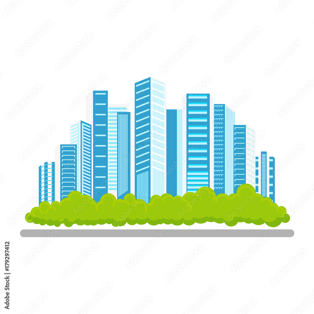 vector flat modern ecological city icon concept with blue high business skyscrapers on background of green park. Isolated illustration on a white background