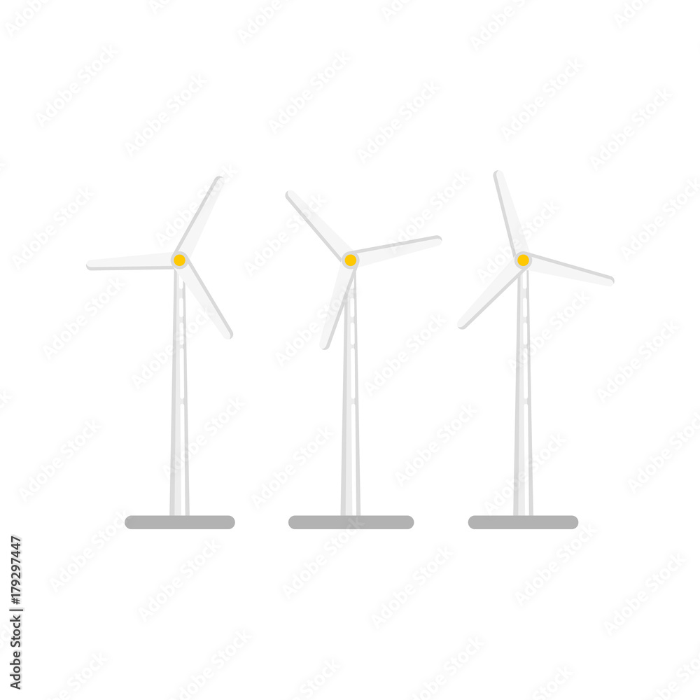 vector flat windmill, wind turbines icon. Generator of renewable green ecological bio friendly alternative energy. Isolated illustration on a white background. vector flat windmill, wind turbines icon. Generator of renewable green ecological bio friendly alternative energy. Isolated illustration on a white background.