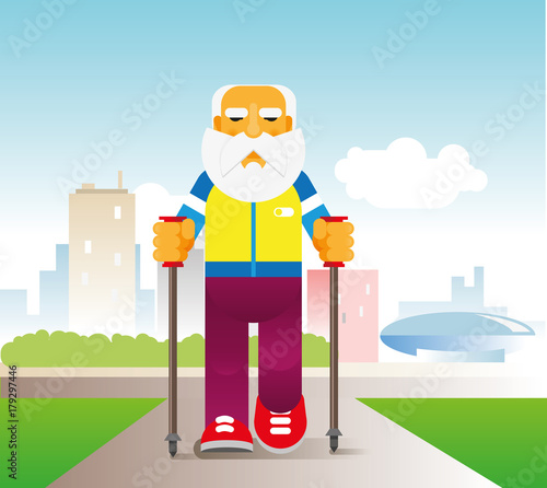 The elderly gray-bearded man is engaged in Scandinavian walking in the city park