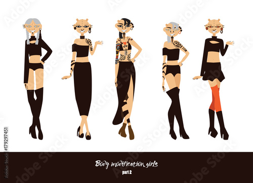 Vector set with lovely young girls with body modifications as donuts in head, tattoos and implants of various shapes.