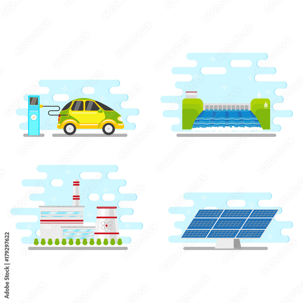 Naklejka premium vector flat renewable, alternative energy icon set. Hydroelectric dam, solar panel and nuclear reactor power plants, electric car charging. Isolated illustration on a white blue abstract background.