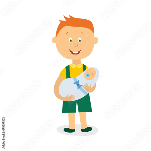 Little girl sweeping floor with big broom, helping with everyday routines, housekeeping, chore, cartoon vector illustration isolated on white background. Little girl with broomstick sweeping floor