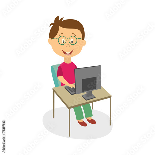 Funny little boy in glasses working, studying, playing on desktop computer, cartoon vector illustration isolated on white background. Teenage boy using, studying, playing on computer