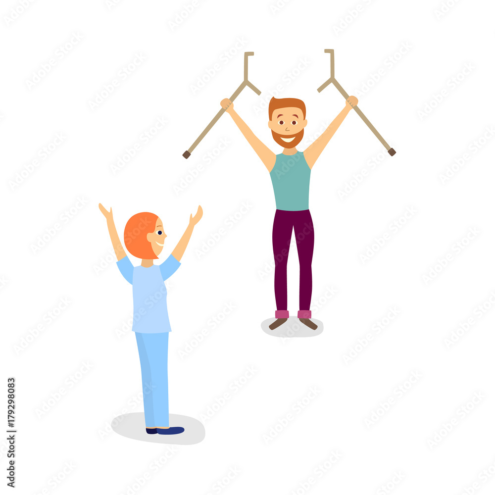 Medical rehabilitation, doctor helping a male patient to recover after trauma and say farewell to crutches, cartoon vector illustration on white background. Rehabilitation, recovery from trauma Medical rehabilitation, doctor helping a male patient to recover after trauma and say farewell to crutches, cartoon vector illustration on white background. Rehabilitation, recovery from trauma