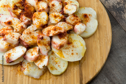 Pulpo a la gallega. Galician octopus on wood. Typical spanish food 