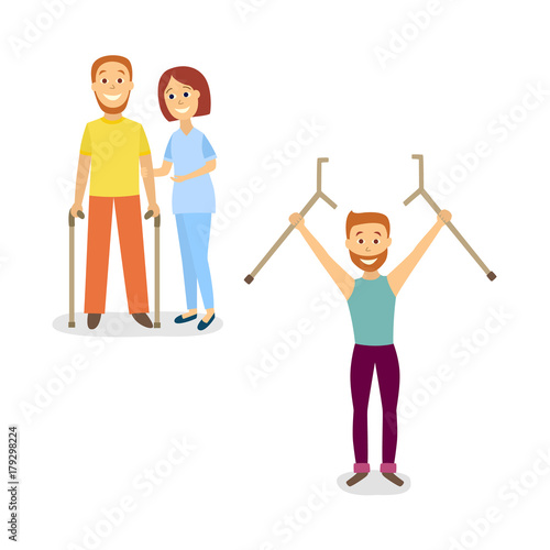 vector flat rehabilitation scenes set. woman doctor helps man patient with restriction of movement to walk by means of canes, crutches another man raising hands with crutches up. Isolated illustration