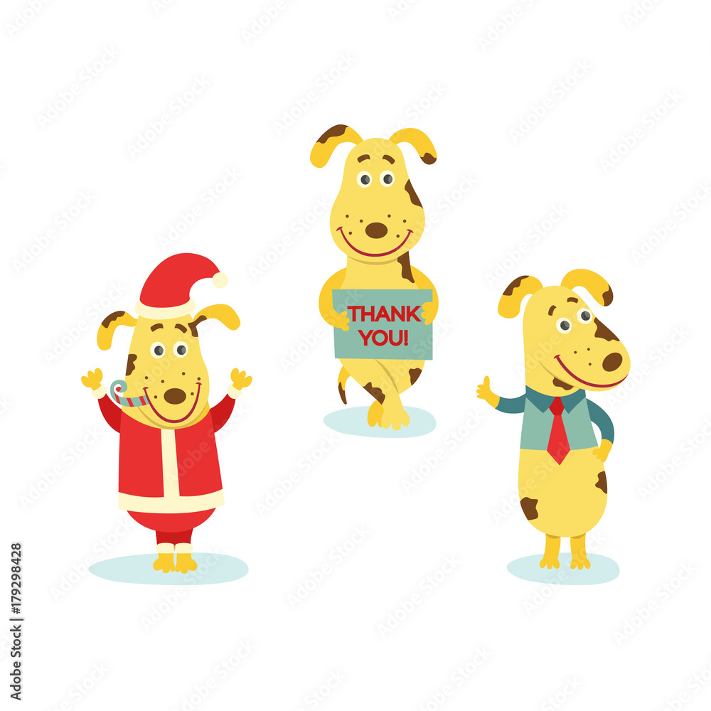 vector flat humanized dog characters set. Male cute animals in christmas santa claus costume with hat, standing showing thumbs up, holding thank you poster. isolated illustration on a white background vector flat humanized dog characters set. Male cute animals in christmas santa claus costume with hat, standing showing thumbs up, holding thank you poster. isolated illustration on a white background