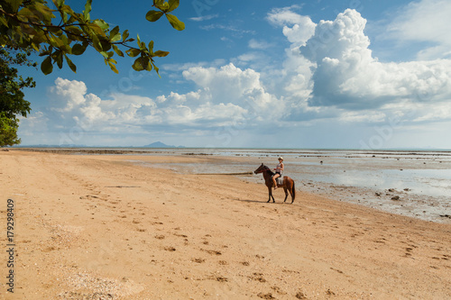 Beautiful woman on a horse. Horseback rider. Paradise tropical beach.