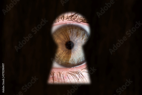 Bild auf Leinwand Women's brown eye looking through the keyhole