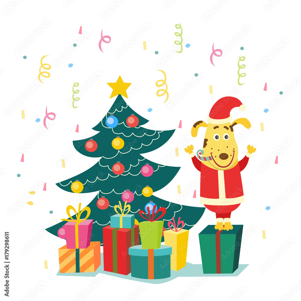 vector flat dog character near christmas tree. Male cute animals in holiday santa claus costume with hat standing near decorated spruce tree with present. Isolated illustration on a white background