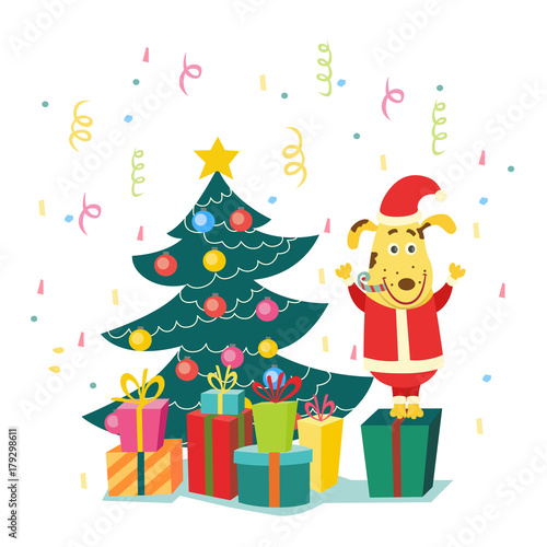 vector flat dog character near christmas tree. Male cute animals in holiday santa claus costume with hat standing near decorated spruce tree with present. Isolated illustration on a white background