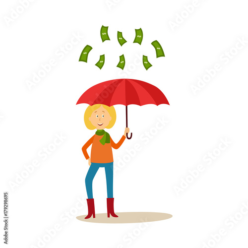 vector flat cartoon girl standing under money rain. Female character in autumn clothing, woman catching dollar notes falling from air. Isolated illustration on a white background.