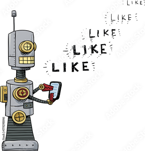 A cartoon of a social media bot disrupting the internet with automated "like" responses.