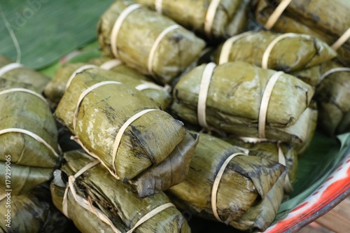 Sticky rice wrapped in banana leaves