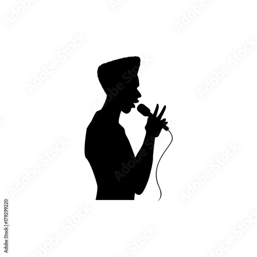 vector man afro american portrait silhouette singing with microphone. Isolated illustration on white background. Karaoke club design logo elements