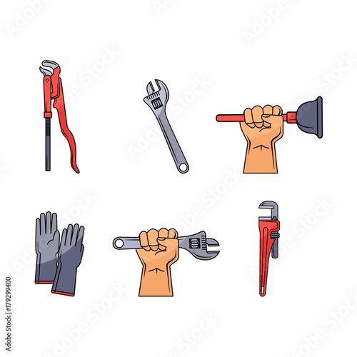 vector sketch plumbing tools and equipment set. Man hand holding monkey plumbing adjustable wrench or spanner, pipe wrench, water valve, gloves and plunger. Isolated illustration on a white background