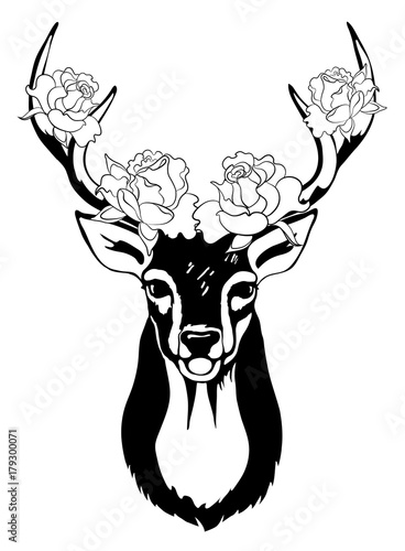 Deer with roses on his antlers.