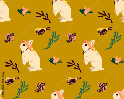 Seamless rabbit and flower pattern isolated on background. Vector illustration