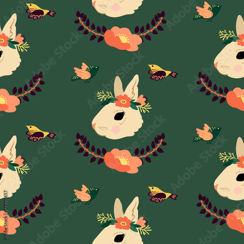 Seamless rabbit and flower pattern isolated on background. Vector illustration