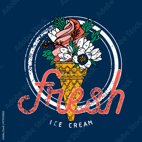 Ice cream with flowers. Typography graphic print, fashion drawing for t-shirts.Vector Illustration in modern style for clothes.