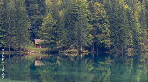 Fototapeta Naklejka Na Ścianę i Meble -  Wooden cabin surrounded with pine forest at lake shore.