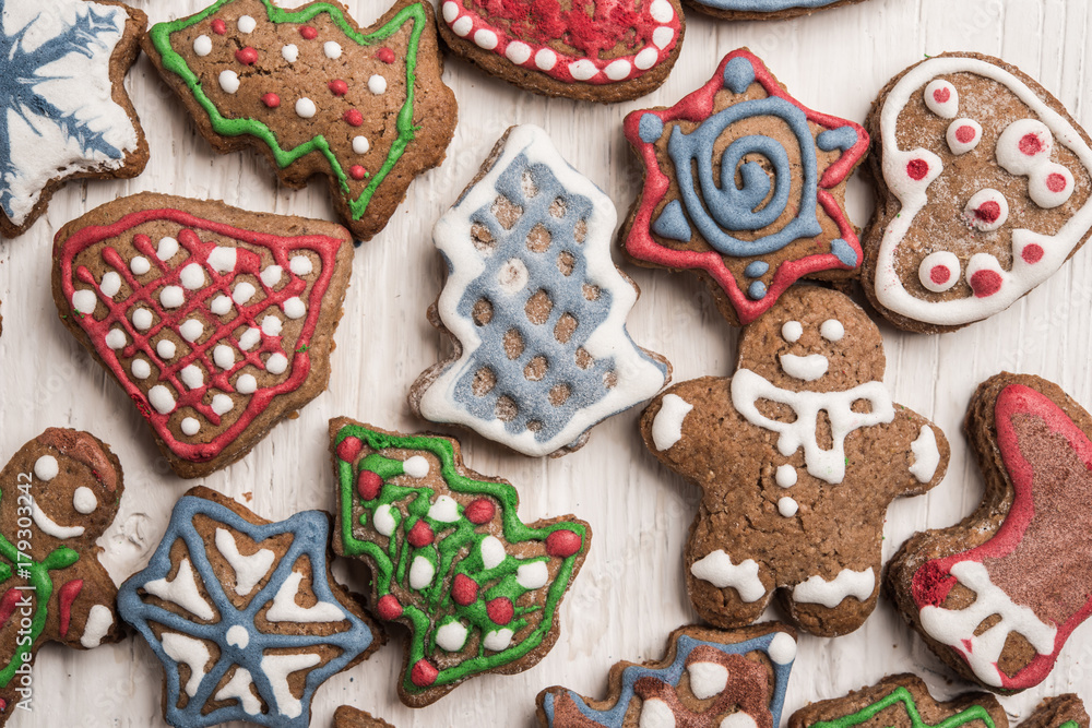 Winter Christmas background with gingerbread cookies Winter Christmas background with gingerbread cookies