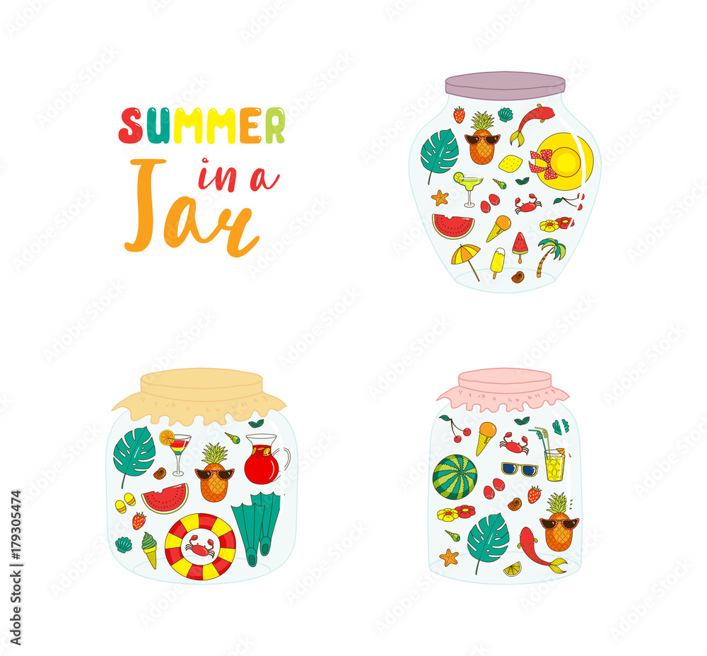 Set of hand drawn glass jars with cute cartoon summer objects, with text. Isolated objects on white background. Design concept for kids, greeting card, motivational poster. Vector illustration. Set of hand drawn glass jars with cute cartoon summer objects, with text. Isolated objects on white background. Design concept for kids, greeting card, motivational poster. Vector illustration.