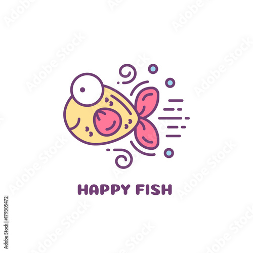 Yellow fish with pink fins and tail. Line style logo