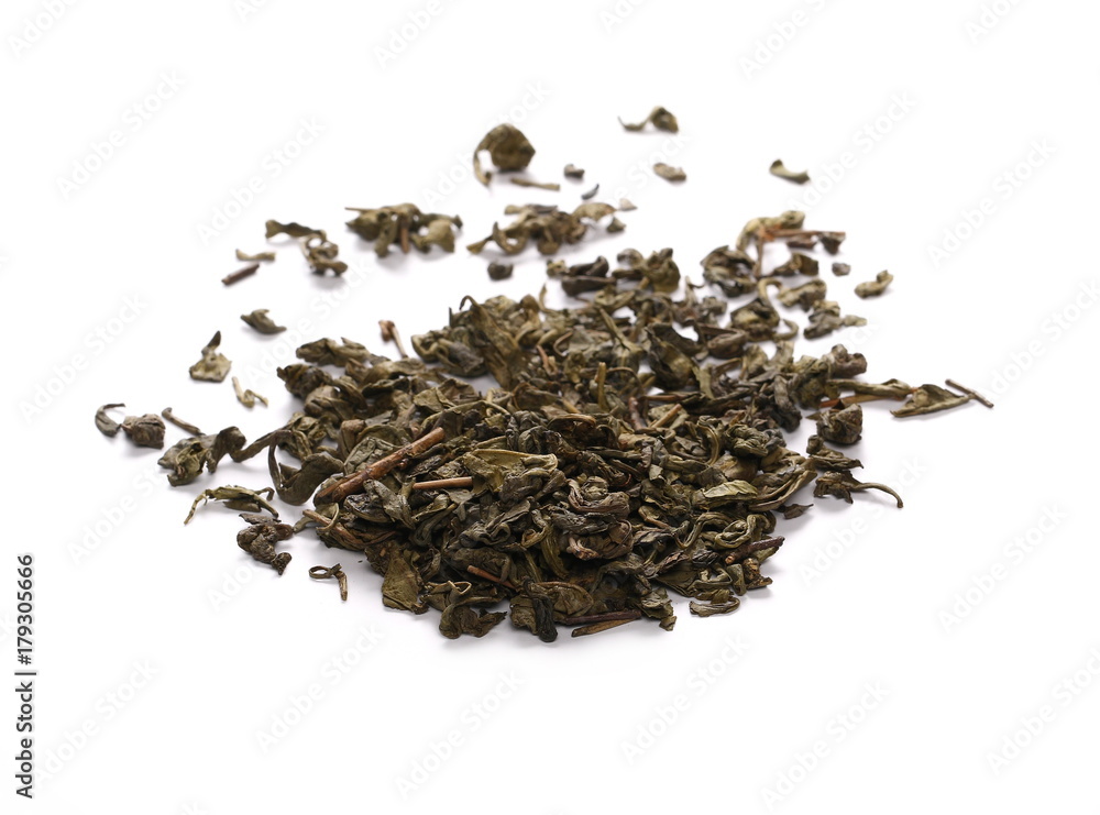 Green tea leaves isolated on white background Green tea leaves isolated on white background