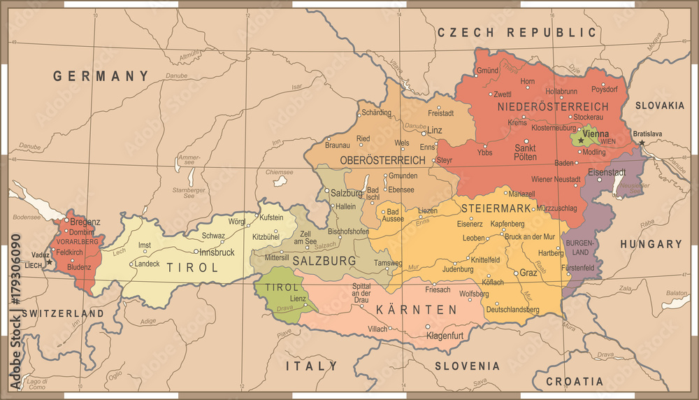 Austria Map - Vintage Vector Illustration