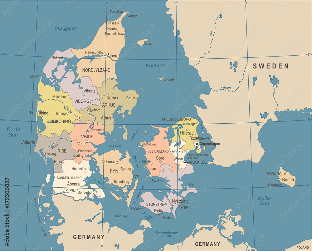 Obraz premium Denmark Map - Vintage Vector Illustration