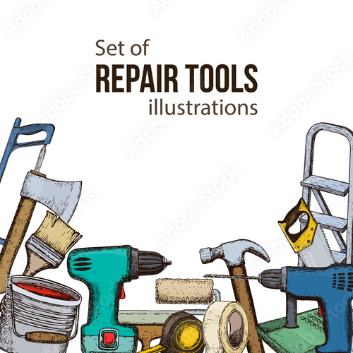 Set of building repair tools, colorful sketch illustration of repair tool. Vector