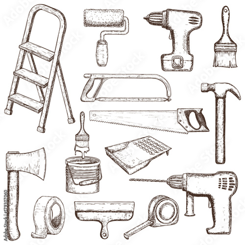 Set of building repair tools, sketch illustration of repair tool. Vector