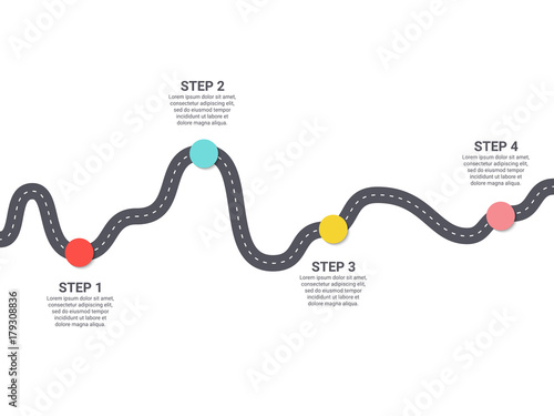 Infographic Template. Four steps asphalt road diagram with pin-pointers. Vector EPS 10