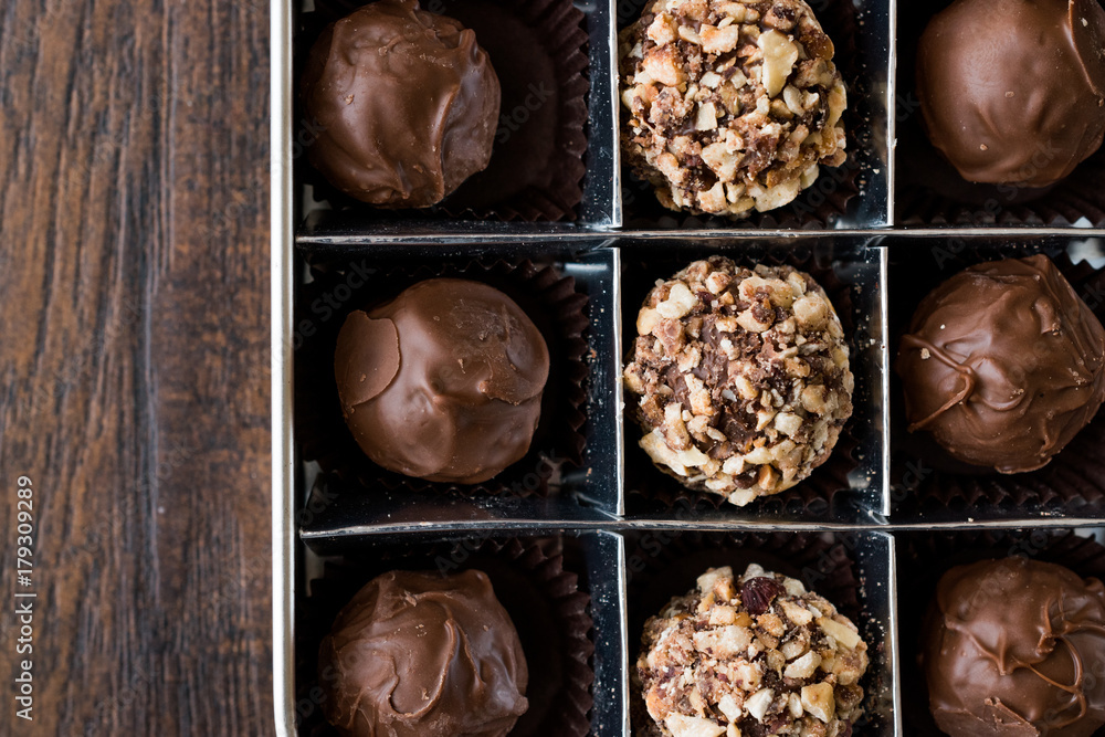 Box of Chocolate Pralines with Hazelnuts. Box of Chocolate Pralines with Hazelnuts.