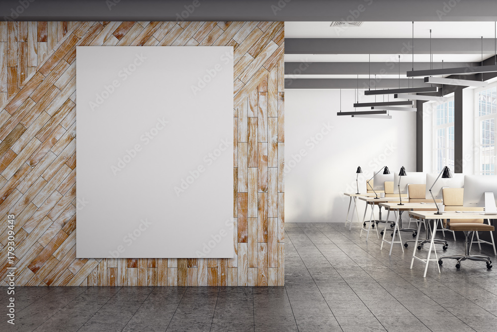 Coworking office with blank poster Coworking office with blank poster