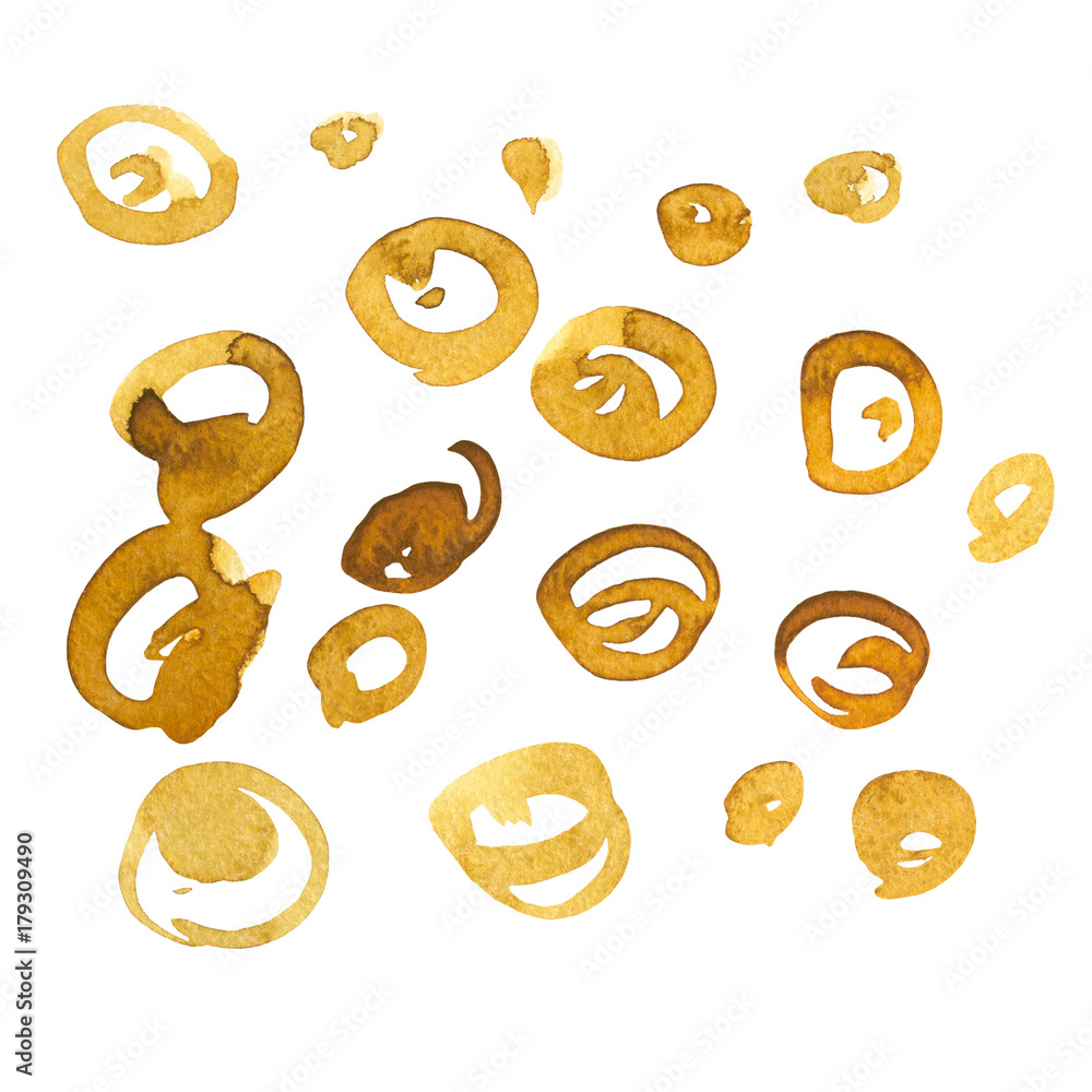 Hand drawn watercolor seamless pattern background. Gold round. Isolated on white background. Hand drawn watercolor seamless pattern background. Gold round. Isolated on white background.